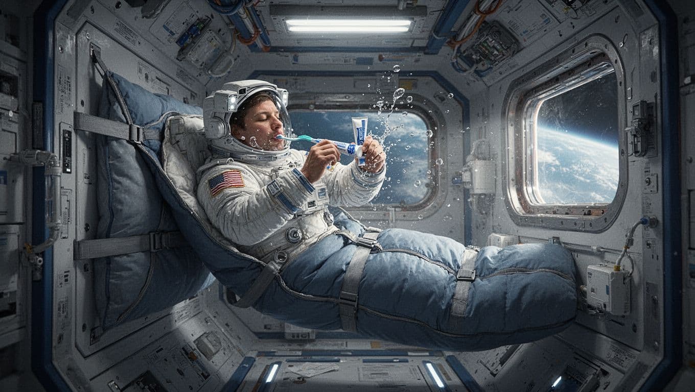 Astronaut floating in compact space station sleeping quarters, emerging from a sleeping bag, brushing teeth with toothpaste pouch amid floating water droplets, illuminated by porthole light showing Earth's curve.