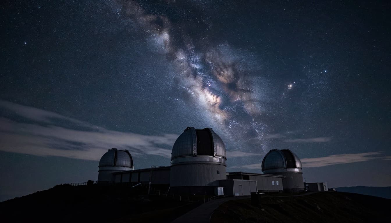 High mountain peak observatory complex at night, with multiple domes silhouetted against the Milky Way, thin clouds below, and starry sky above. Cinematic wide vista featuring strong contrast, depth, and dramatic lighting.