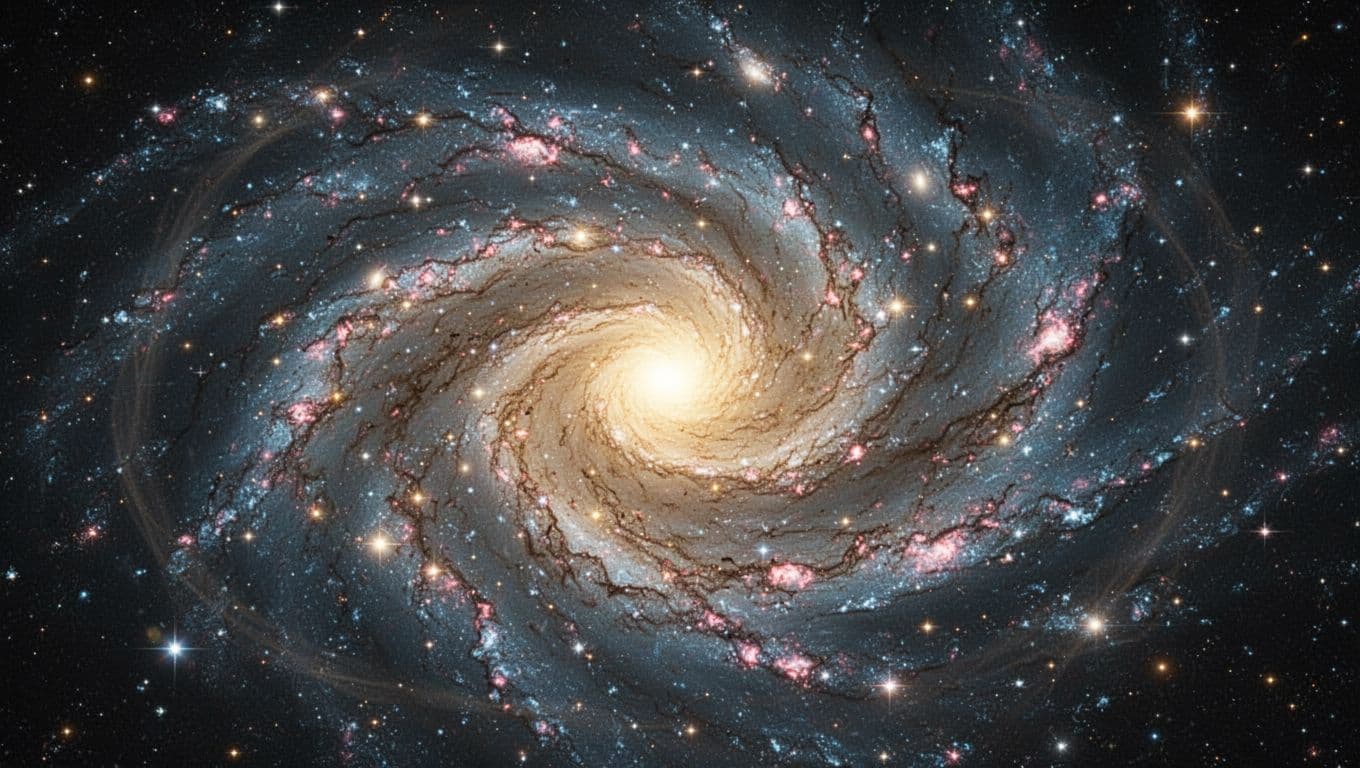 Face-on view of a vibrant spiral galaxy in deep space, with a glowing yellow central bulge of old stars, blue spiral arms rich in young stars and pink hydrogen gas clouds, twisting dark dust lanes, and a faint extended halo suggesting dark matter. Cinematic style featuring strong contrast, depth, and dramatic lighting from the inner glow and star clusters.
